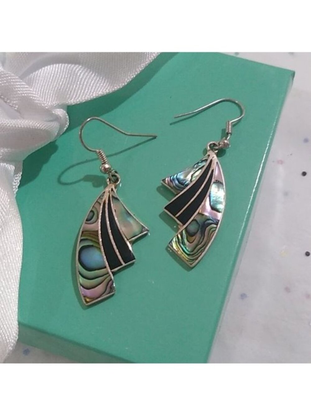 Alpaca Silver + Abalone Dangle Earrings, Mexico - Picture 4 of 5